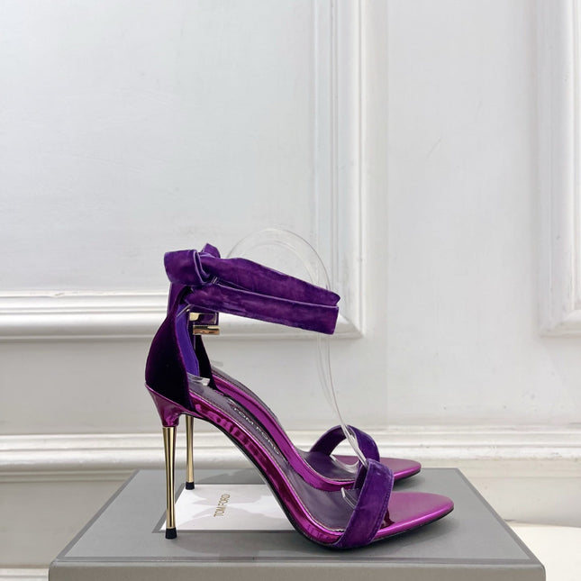 TOM FORD 26S HIGH-HEELED SANDALS 105 MM IN PURPLE FABRIC AND CALFSKIN