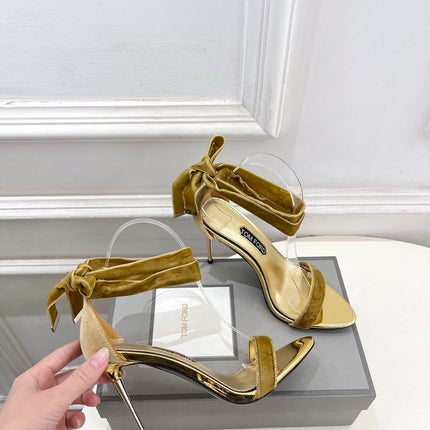 TOM FORD 26S HIGH-HEELED SANDALS 105 MM IN BROWN FABRIC AND GOLD CALFSKIN