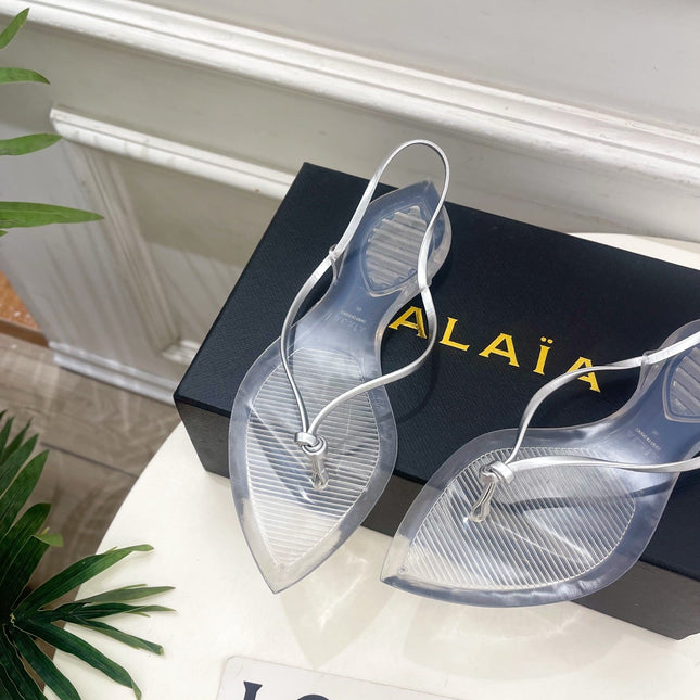 ALAIA 26S POINTED-TOE THONG SANDALS IN SILVER AND TRANSPARENT PVC