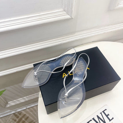 ALAIA 26S POINTED-TOE THONG SANDALS IN SILVER AND TRANSPARENT PVC
