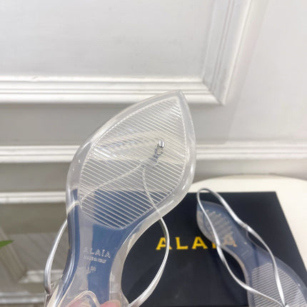 ALAIA 26S POINTED-TOE THONG SANDALS IN SILVER AND TRANSPARENT PVC