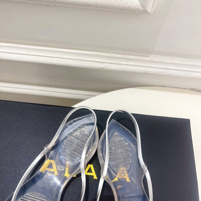 ALAIA 26S POINTED-TOE THONG SANDALS IN SILVER AND TRANSPARENT PVC