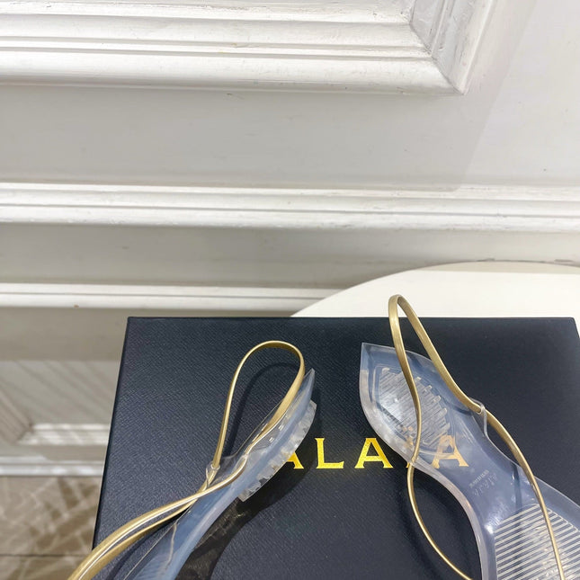 ALAIA 26S POINTED-TOE THONG SANDALS IN GOLD AND TRANSPARENT PVC
