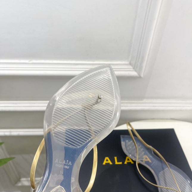 ALAIA 26S POINTED-TOE THONG SANDALS IN GOLD AND TRANSPARENT PVC