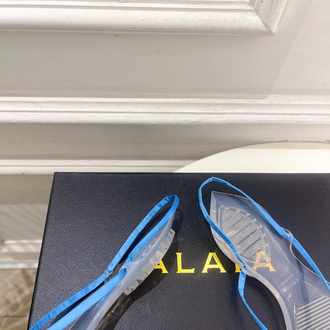 ALAIA 26S POINTED-TOE THONG SANDALS IN BLUE SATIN AND TRANSPARENT PVC