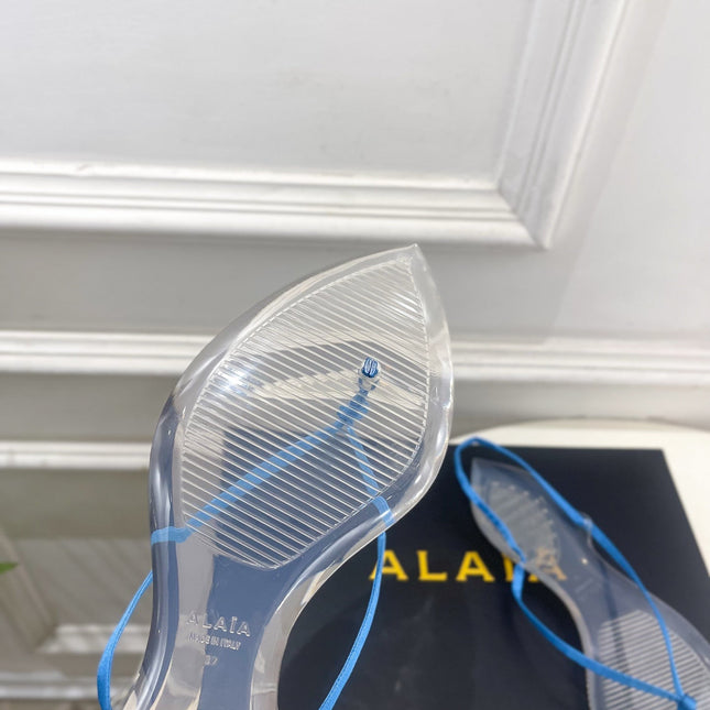 ALAIA 26S POINTED-TOE THONG SANDALS IN BLUE SATIN AND TRANSPARENT PVC
