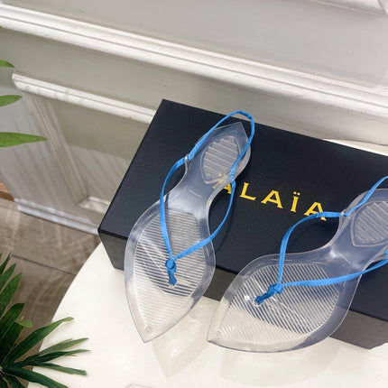ALAIA 26S POINTED-TOE THONG SANDALS IN BLUE SATIN AND TRANSPARENT PVC