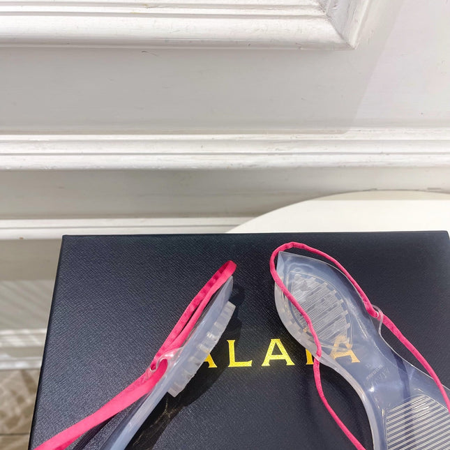 ALAIA 26S POINTED-TOE THONG SANDALS IN DARK PINK SATIN AND TRANSPARENT PVC