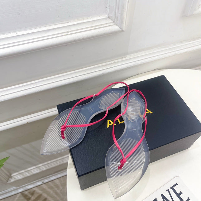 ALAIA 26S POINTED-TOE THONG SANDALS IN DARK PINK SATIN AND TRANSPARENT PVC