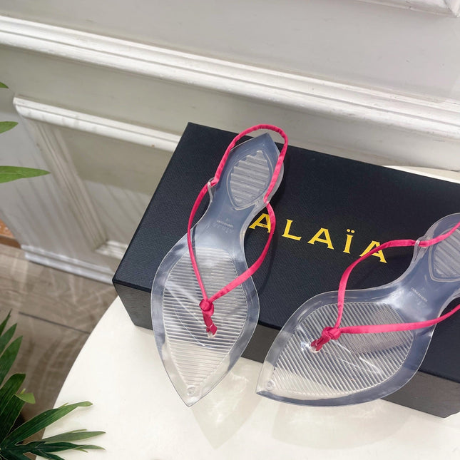 ALAIA 26S POINTED-TOE THONG SANDALS IN DARK PINK SATIN AND TRANSPARENT PVC