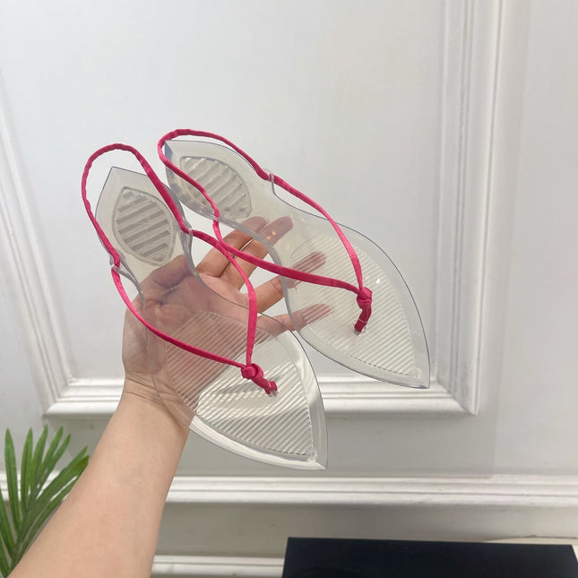 ALAIA 26S POINTED-TOE THONG SANDALS IN DARK PINK SATIN AND TRANSPARENT PVC