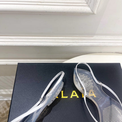 ALAIA 26S POINTED-TOE THONG SANDALS IN WHITE SATIN AND TRANSPARENT PVC