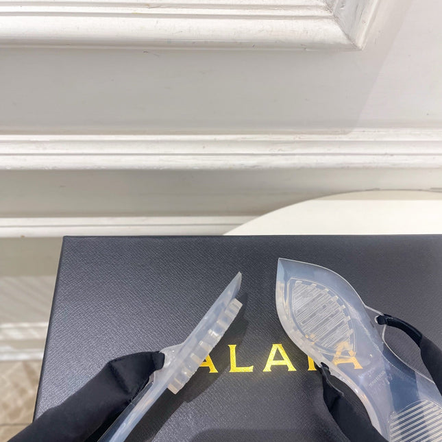 ALAIA 26S THONG SANDALS IN BLACK SATIN AND TRANSPARENT PVC
