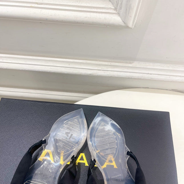 ALAIA 26S THONG SANDALS IN BLACK SATIN AND TRANSPARENT PVC