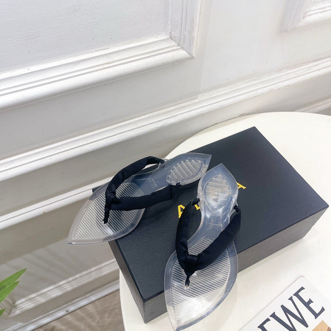 ALAIA 26S THONG SANDALS IN BLACK SATIN AND TRANSPARENT PVC