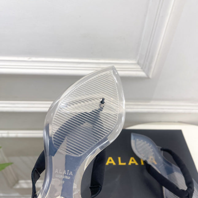 ALAIA 26S THONG SANDALS IN BLACK SATIN AND TRANSPARENT PVC