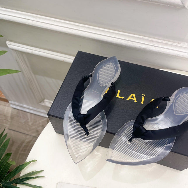 ALAIA 26S THONG SANDALS IN BLACK SATIN AND TRANSPARENT PVC