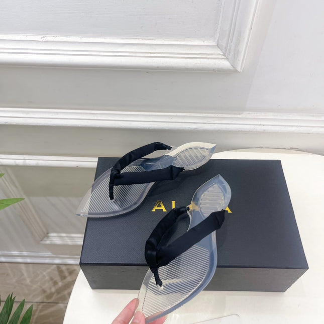 ALAIA 26S THONG SANDALS IN BLACK SATIN AND TRANSPARENT PVC