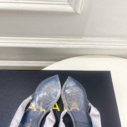 ALAIA 26S THONG SANDALS IN PEARL GREY SATIN AND TRANSPARENT PVC