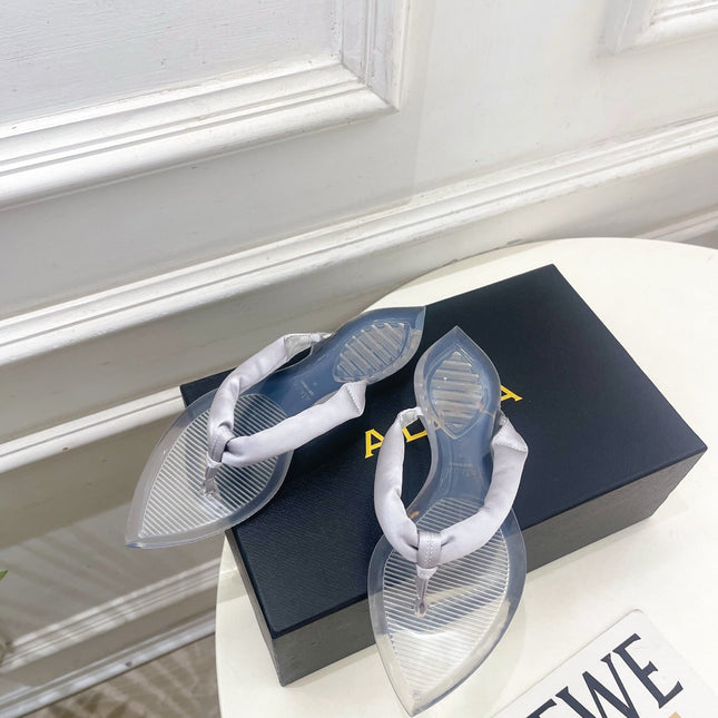 ALAIA 26S THONG SANDALS IN PEARL GREY SATIN AND TRANSPARENT PVC