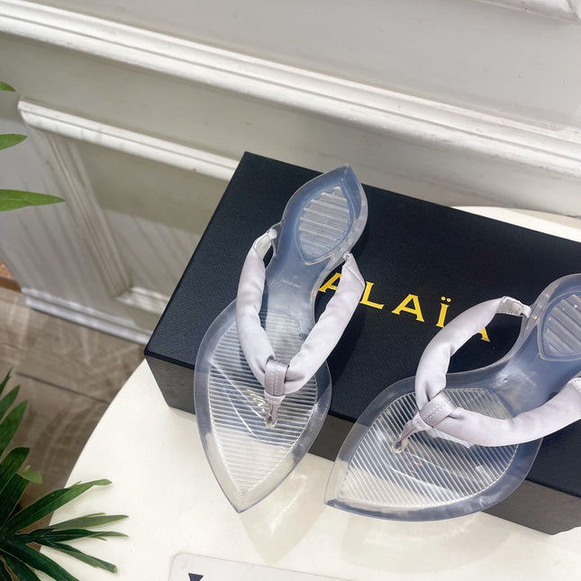 ALAIA 26S THONG SANDALS IN PEARL GREY SATIN AND TRANSPARENT PVC