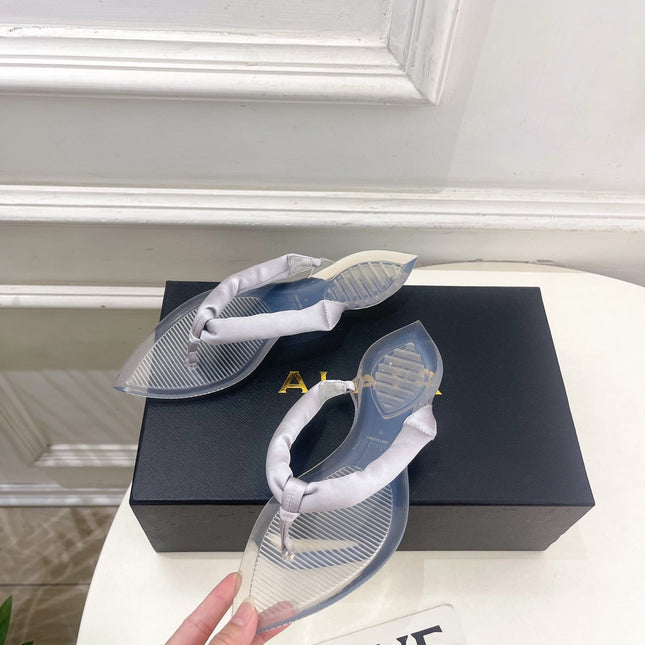 ALAIA 26S THONG SANDALS IN PEARL GREY SATIN AND TRANSPARENT PVC