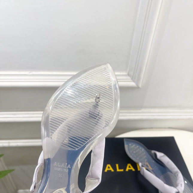 ALAIA 26S THONG SANDALS IN PEARL GREY SATIN AND TRANSPARENT PVC