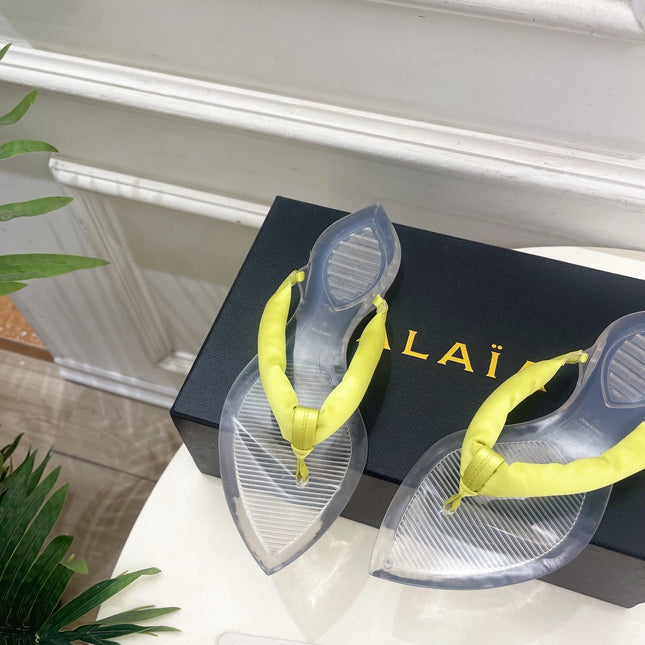 ALAIA 26S THONG SANDALS IN LIGHT YELLOW SATIN AND TRANSPARENT PVC