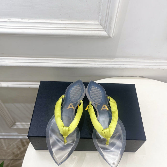 ALAIA 26S THONG SANDALS IN LIGHT YELLOW SATIN AND TRANSPARENT PVC