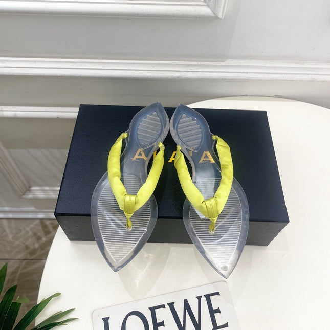 ALAIA 26S THONG SANDALS IN LIGHT YELLOW SATIN AND TRANSPARENT PVC