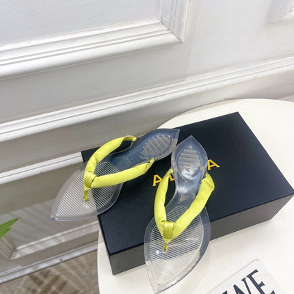 ALAIA 26S THONG SANDALS IN LIGHT YELLOW SATIN AND TRANSPARENT PVC