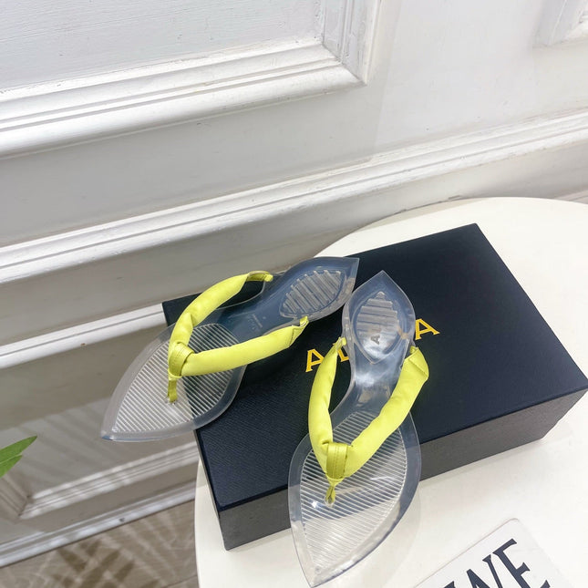 ALAIA 26S THONG SANDALS IN LIGHT YELLOW SATIN AND TRANSPARENT PVC