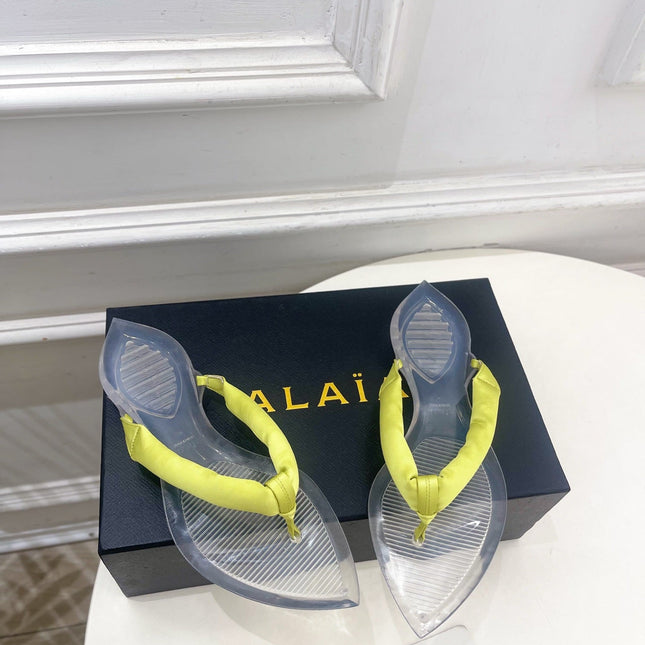 ALAIA 26S THONG SANDALS IN LIGHT YELLOW SATIN AND TRANSPARENT PVC