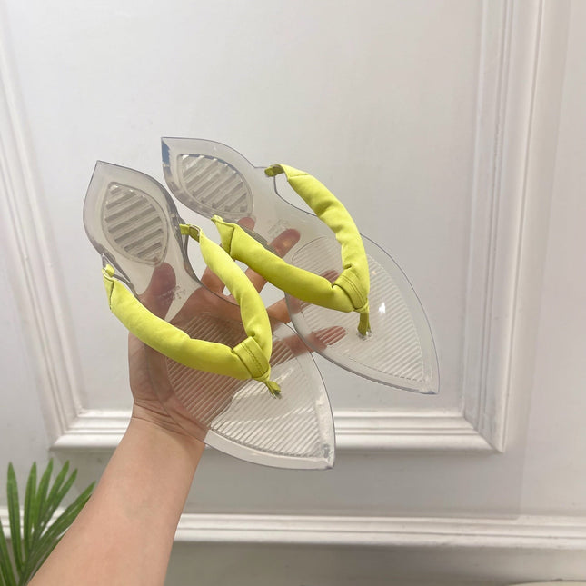 ALAIA 26S THONG SANDALS IN LIGHT YELLOW SATIN AND TRANSPARENT PVC