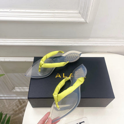 ALAIA 26S THONG SANDALS IN LIGHT YELLOW SATIN AND TRANSPARENT PVC