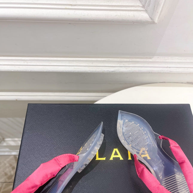 ALAIA 26S THONG SANDALS IN DARK PINK SATIN AND TRANSPARENT PVC