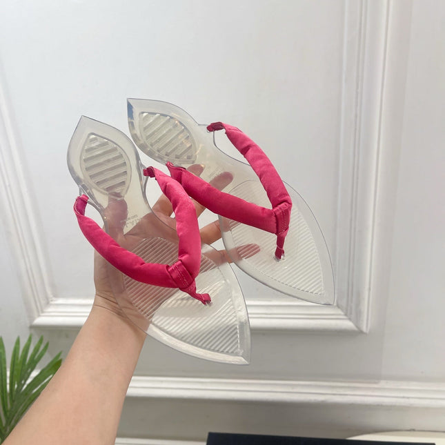 ALAIA 26S THONG SANDALS IN DARK PINK SATIN AND TRANSPARENT PVC