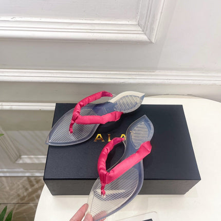 ALAIA 26S THONG SANDALS IN DARK PINK SATIN AND TRANSPARENT PVC