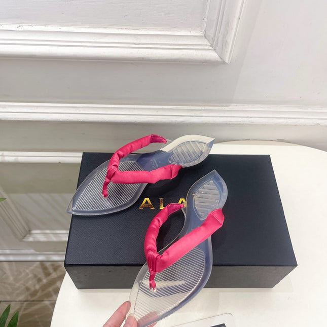 ALAIA 26S THONG SANDALS IN DARK PINK SATIN AND TRANSPARENT PVC