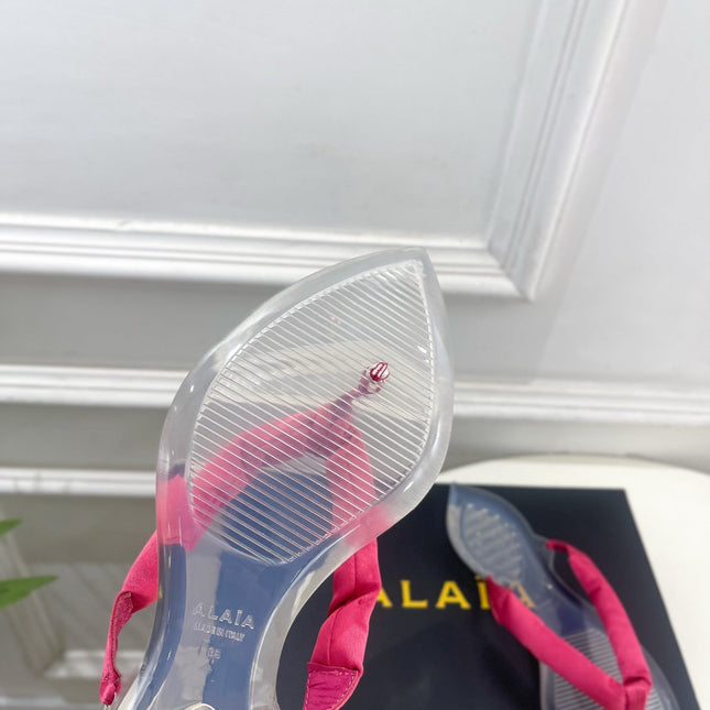 ALAIA 26S THONG SANDALS IN DARK PINK SATIN AND TRANSPARENT PVC