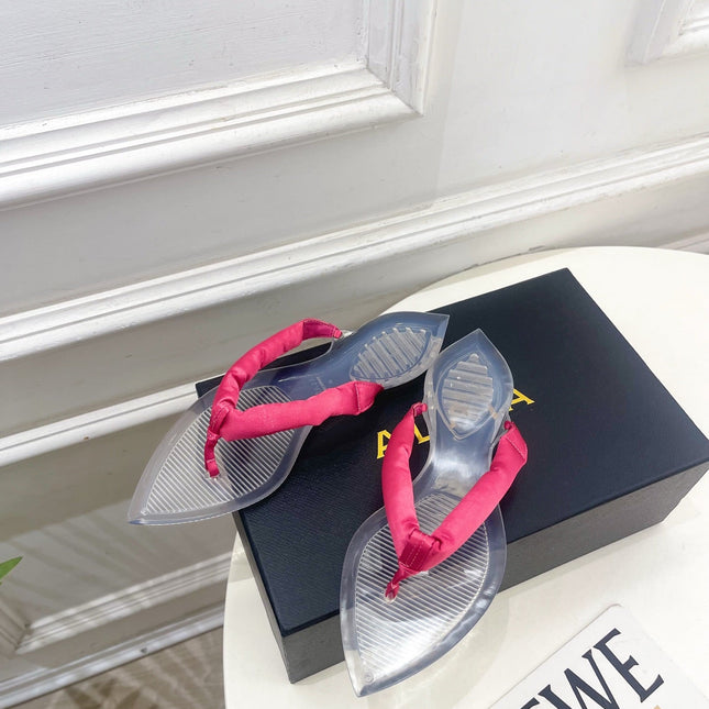 ALAIA 26S THONG SANDALS IN DARK PINK SATIN AND TRANSPARENT PVC