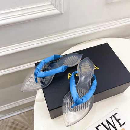 ALAIA 26S THONG SANDALS IN BLUE SATIN AND TRANSPARENT PVC