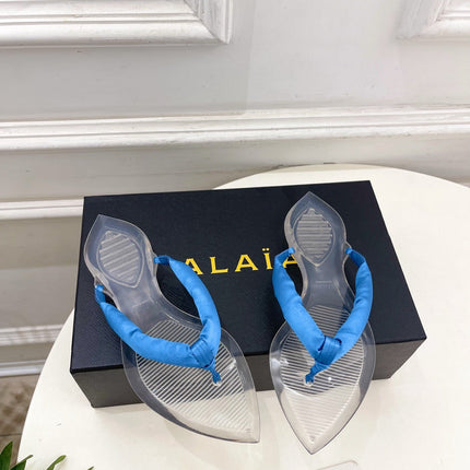 ALAIA 26S THONG SANDALS IN BLUE SATIN AND TRANSPARENT PVC