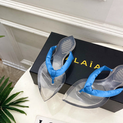 ALAIA 26S THONG SANDALS IN BLUE SATIN AND TRANSPARENT PVC