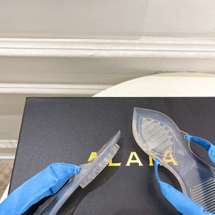 ALAIA 26S THONG SANDALS IN BLUE SATIN AND TRANSPARENT PVC