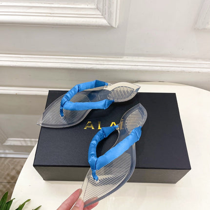 ALAIA 26S THONG SANDALS IN BLUE SATIN AND TRANSPARENT PVC