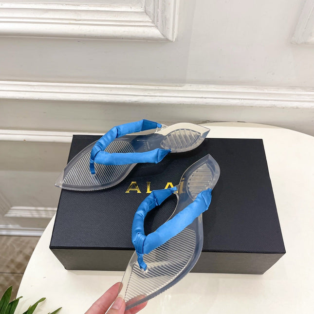 ALAIA 26S THONG SANDALS IN BLUE SATIN AND TRANSPARENT PVC