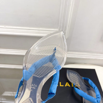 ALAIA 26S THONG SANDALS IN BLUE SATIN AND TRANSPARENT PVC