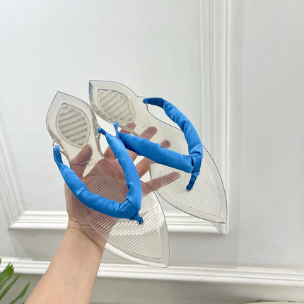 ALAIA 26S THONG SANDALS IN BLUE SATIN AND TRANSPARENT PVC