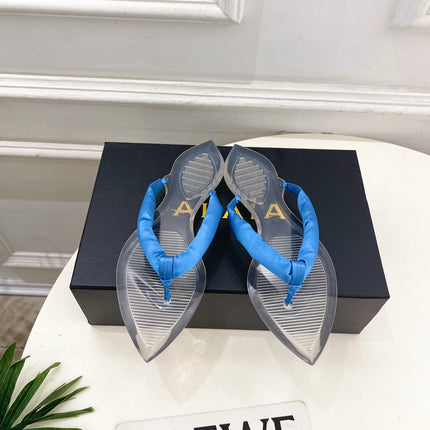 ALAIA 26S THONG SANDALS IN BLUE SATIN AND TRANSPARENT PVC